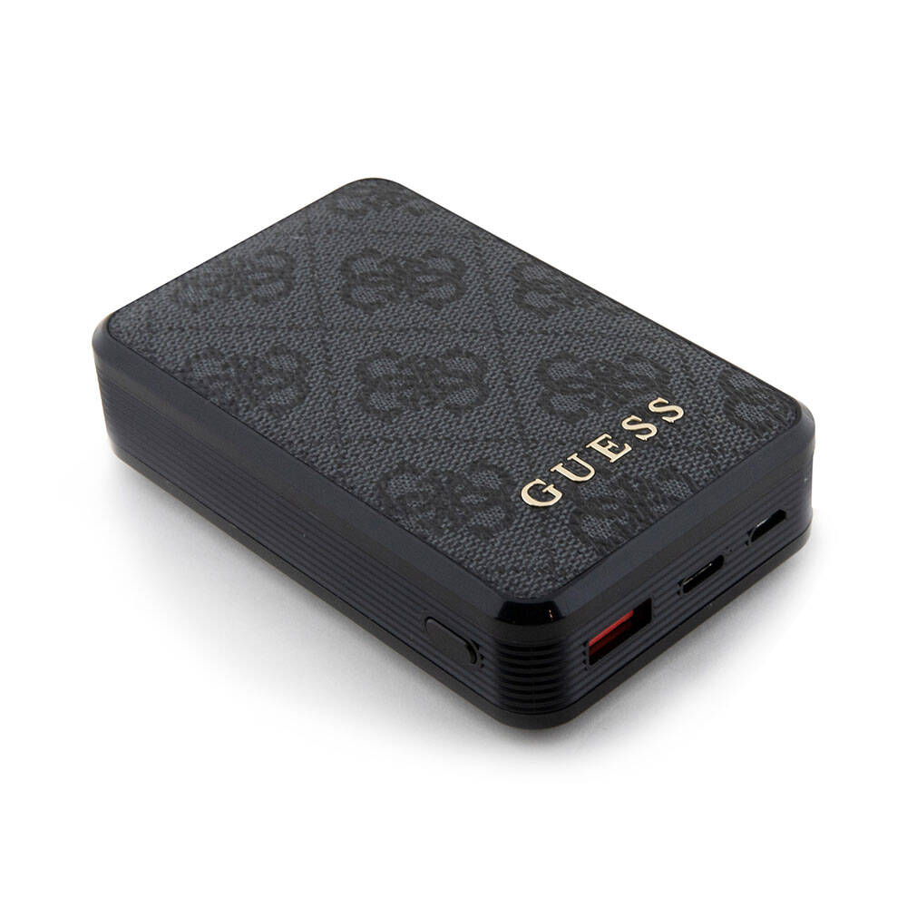 Guess Orjinal Lisanslı Dijital Led Göstergeli PU Deri 4G Desenli Metal Yazı Logolu Powerbank 10000mAh 18W Siyah