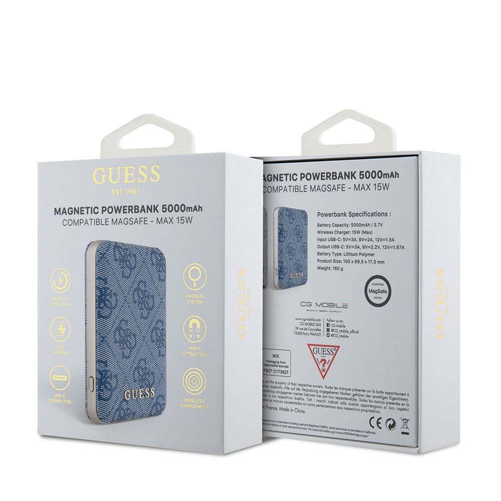 Guess Orjinal Lisanslı Dijital Led Göstergeli PU Deri 4G Desenli Metal Yazı Logolu Powerbank 5000mAh 15W Kahverengi