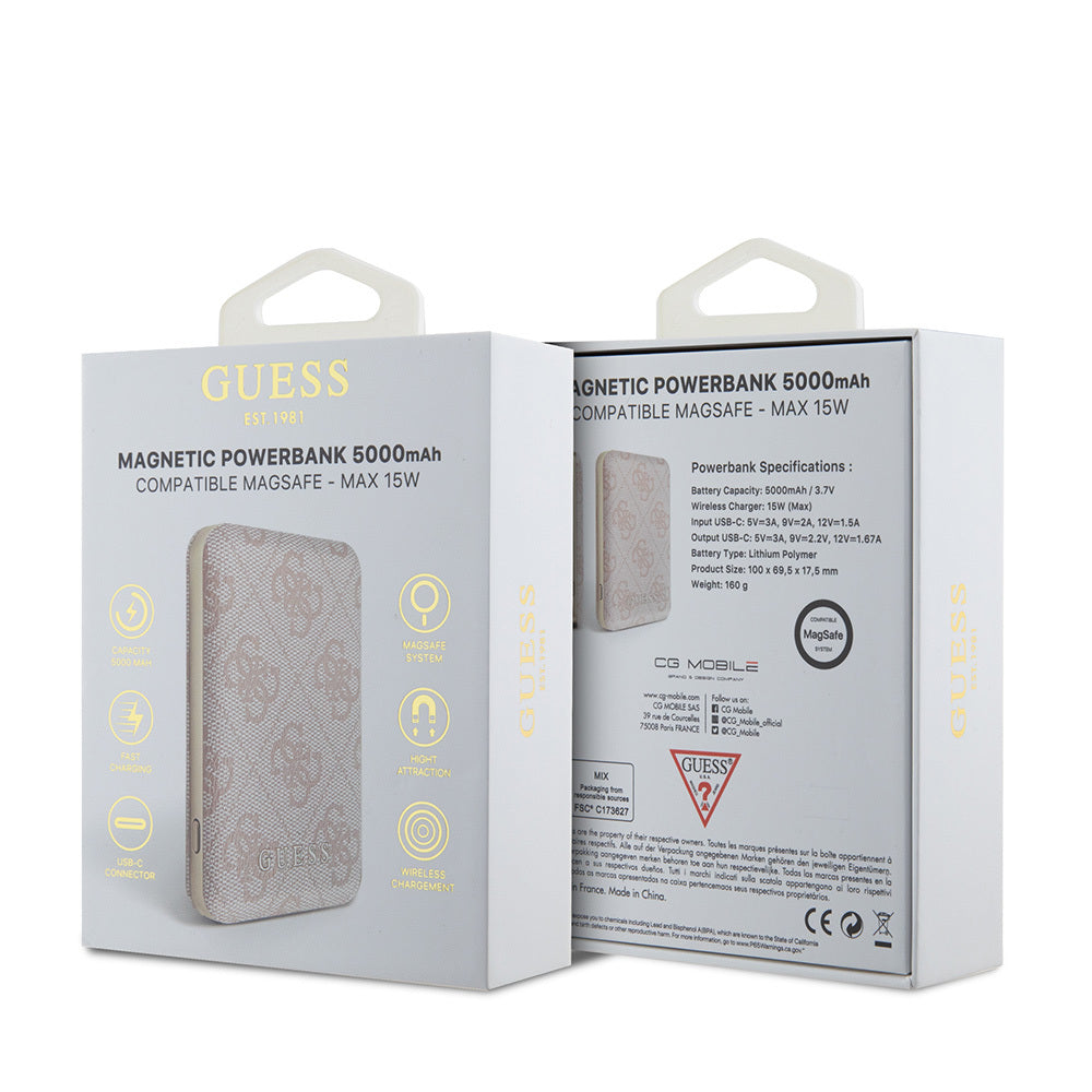 Guess Orjinal Lisanslı Dijital Led Göstergeli PU Deri 4G Desenli Metal Yazı Logolu Powerbank 5000mAh 15W Pembe
