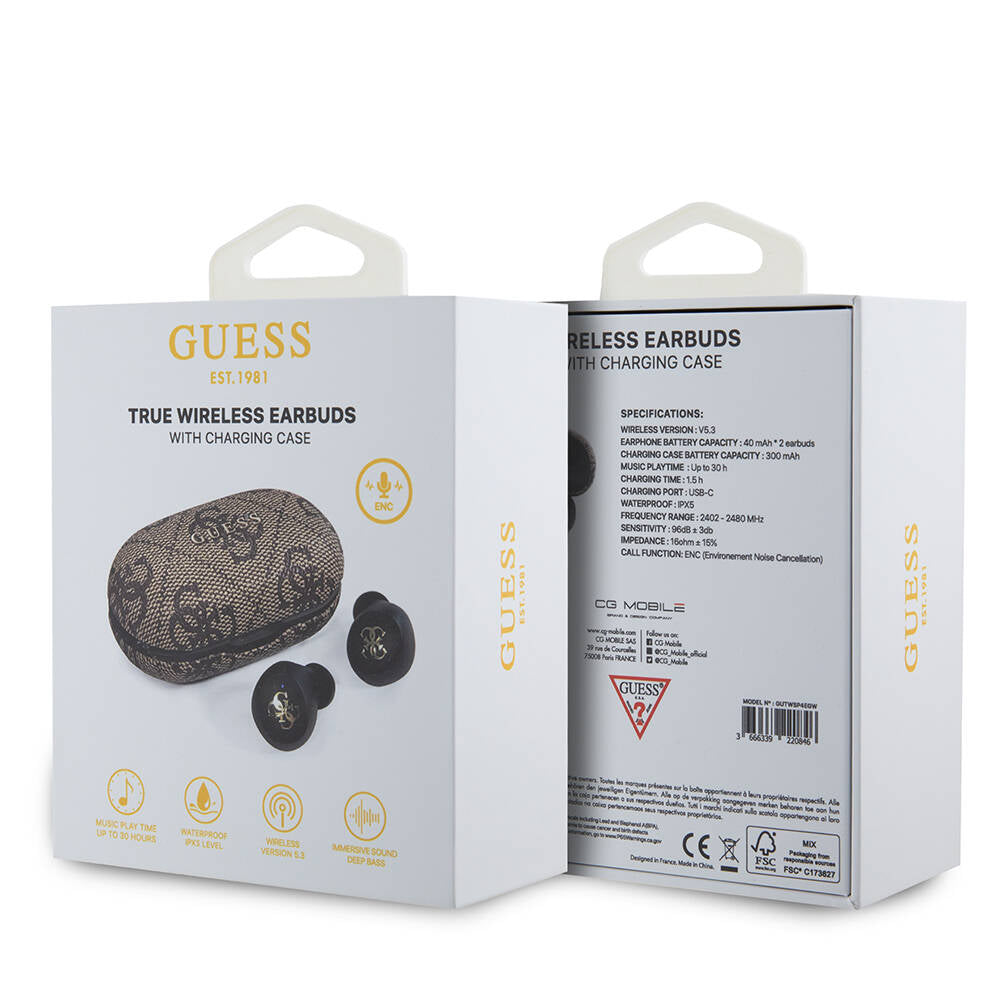 Guess Orjinal Lisanslı Klasik Metal Yazı Logolu TWS Kulak İçi Bluetooth Kulaklık Kahverengi
