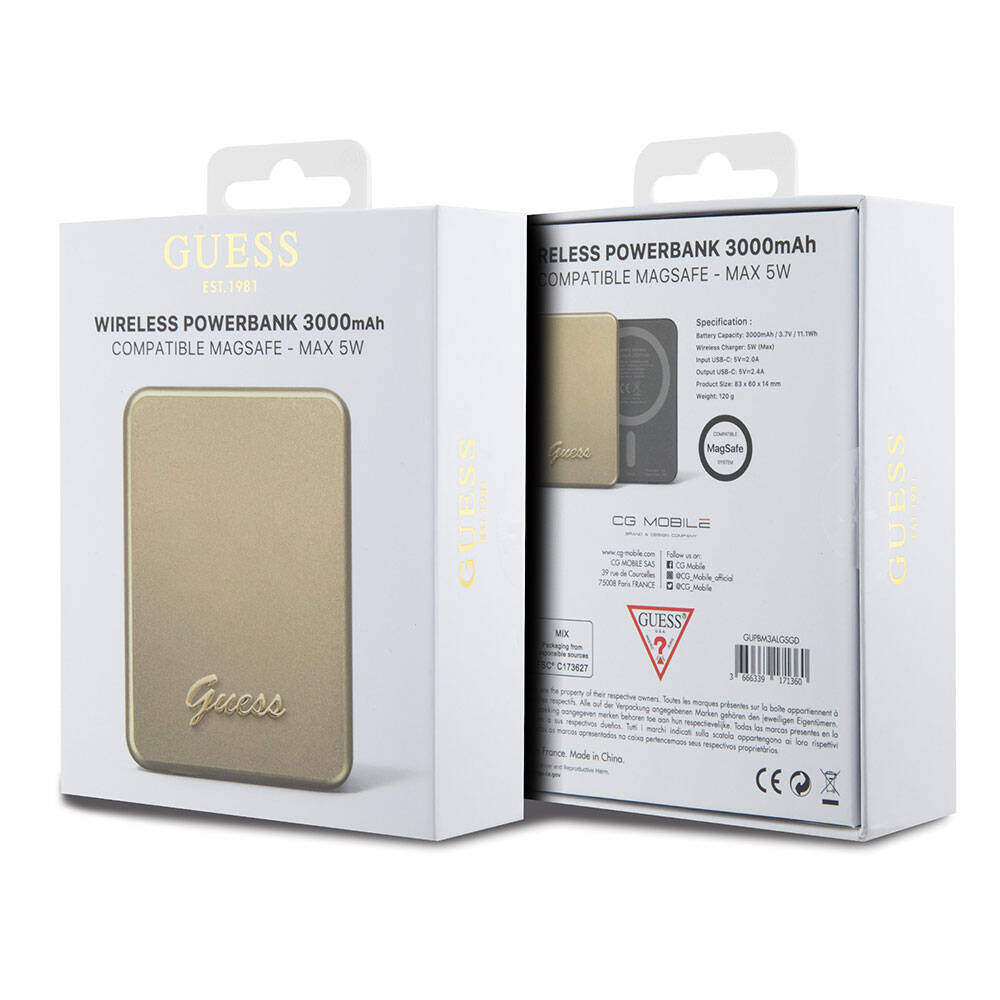 Guess Orjinal Lisanslı M-safe Şarj Özellikli Metal Yazı Logolu Powerbank 3000mAh 5W Gold