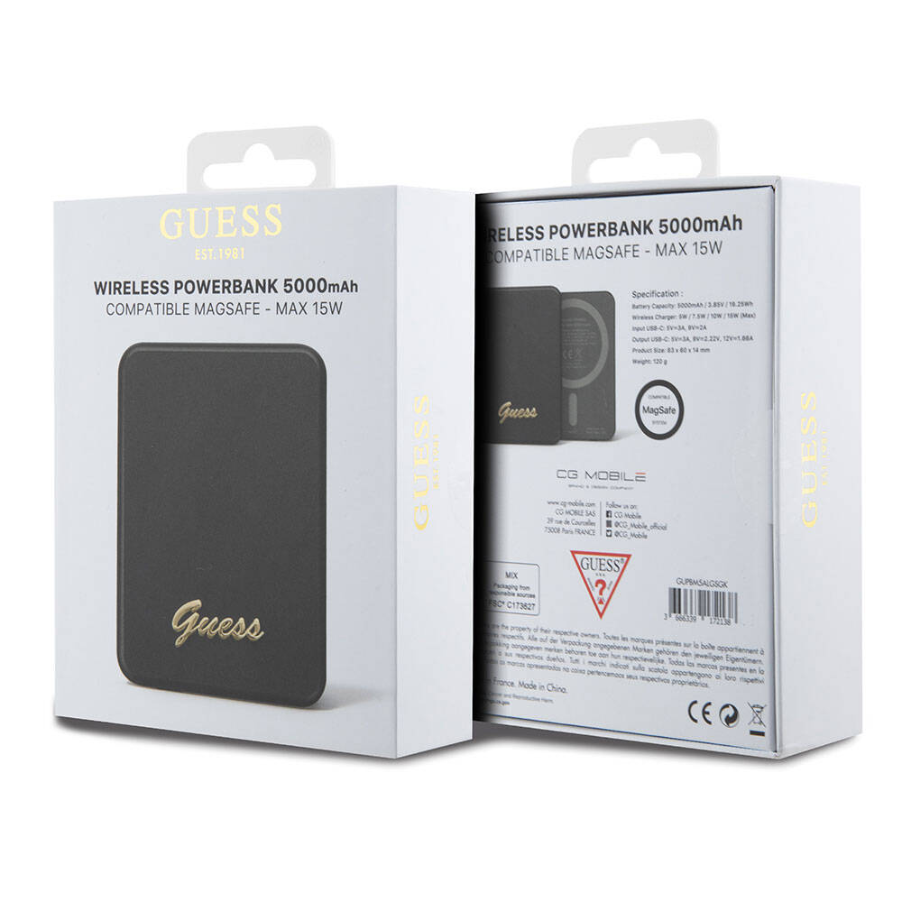 Guess Orjinal Lisanslı M-safe Şarj Özellikli Metal Yazı Logolu Powerbank 5000mAh 15W Siyah