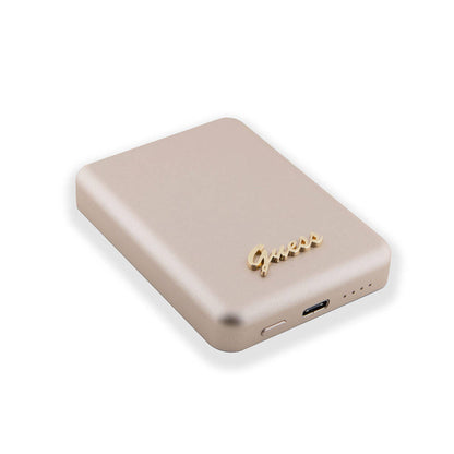 Guess Orjinal Lisanslı M-safe Şarj Özellikli Metal Yazı Logolu Powerbank 5000mAh 15W Gold
