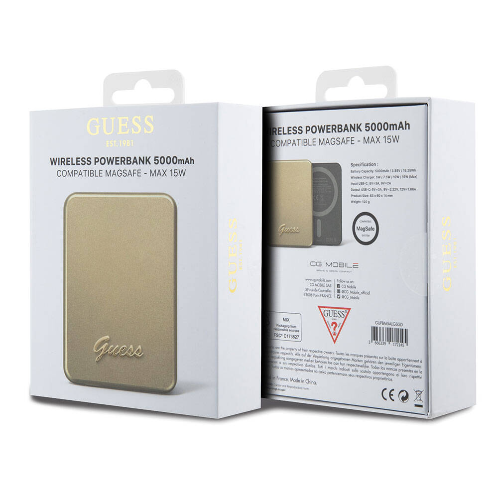 Guess Orjinal Lisanslı M-safe Şarj Özellikli Metal Yazı Logolu Powerbank 5000mAh 15W Gold