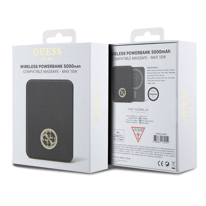 Guess Orjinal Lisanslı M-safe Şarj Özellikli Taşlı 4G Logolu Powerbank 5000mAh 15W Siyah