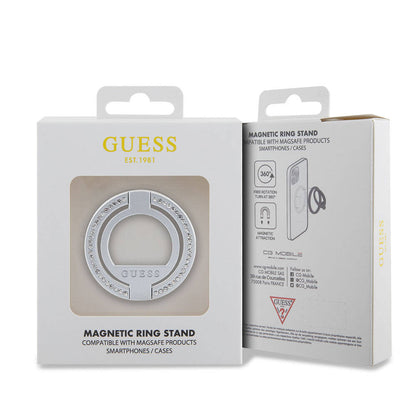Guess Orjinal Lisanslı M-safe Şarj Özellikli Yazı Logolu Taşlı Yüzüklü Magnetik Stand Gümüş