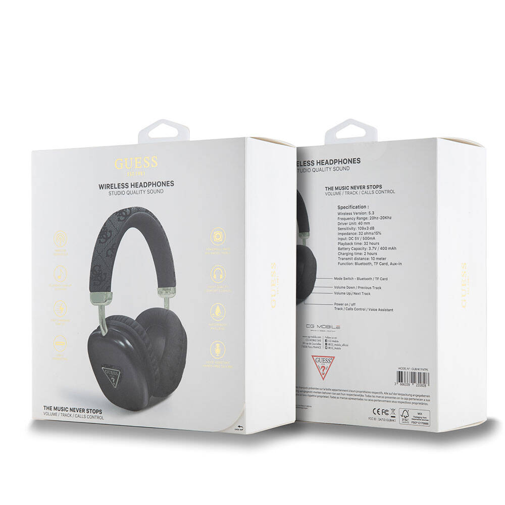 Guess Orjinal Lisanslı PU 4G Desenli Üçgen Logolu Kulak Üstü Bluetooth Kulaklık Siyah