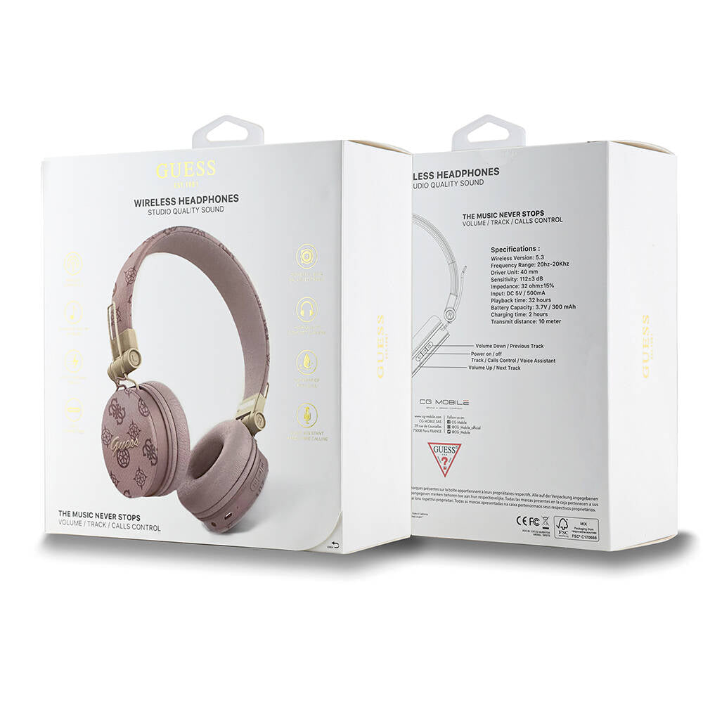 Guess Orjinal Lisanslı PU Desenli Metal El Yazısı Logolu Kulak Üstü Bluetooth Kulaklık Pembe