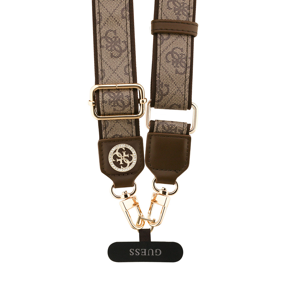 Guess Orjinal Lisanslı Taşlı 4G Metal Logolu Çapraz Vücut Telefon Askı Kayışı 150cm Kahverengi