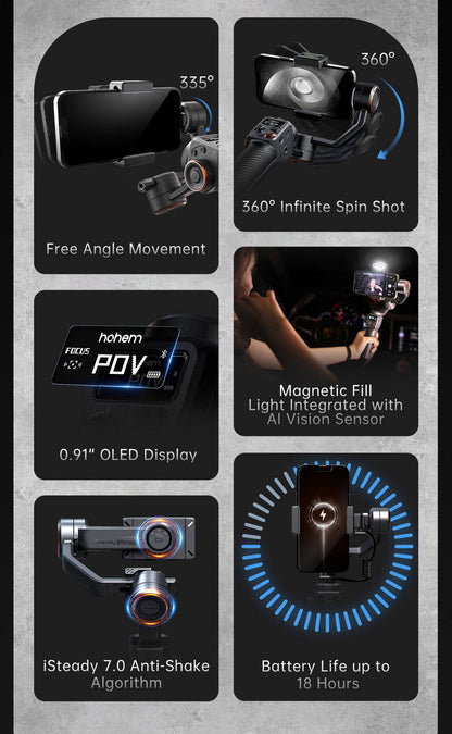 Hohem iSteady M6 3 Eksenli El Tipi AI Yapay Zeka Görüş Sensörlü Gimbal Stabilizatör Siyah