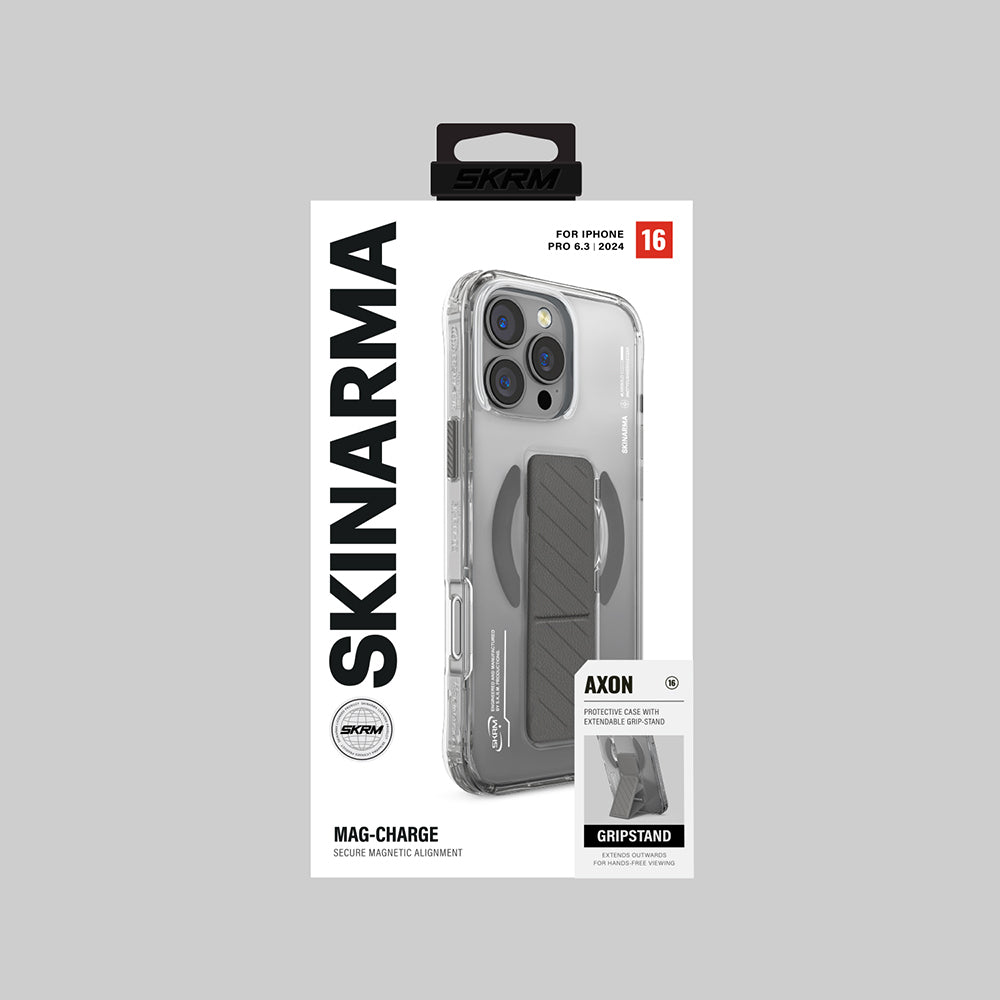 Apple iPhone 16 Pro Kılıf M-safe Şarj Özellikli Teknoloji Desenli Standlı Skinarma Axon Kapak Siyah
