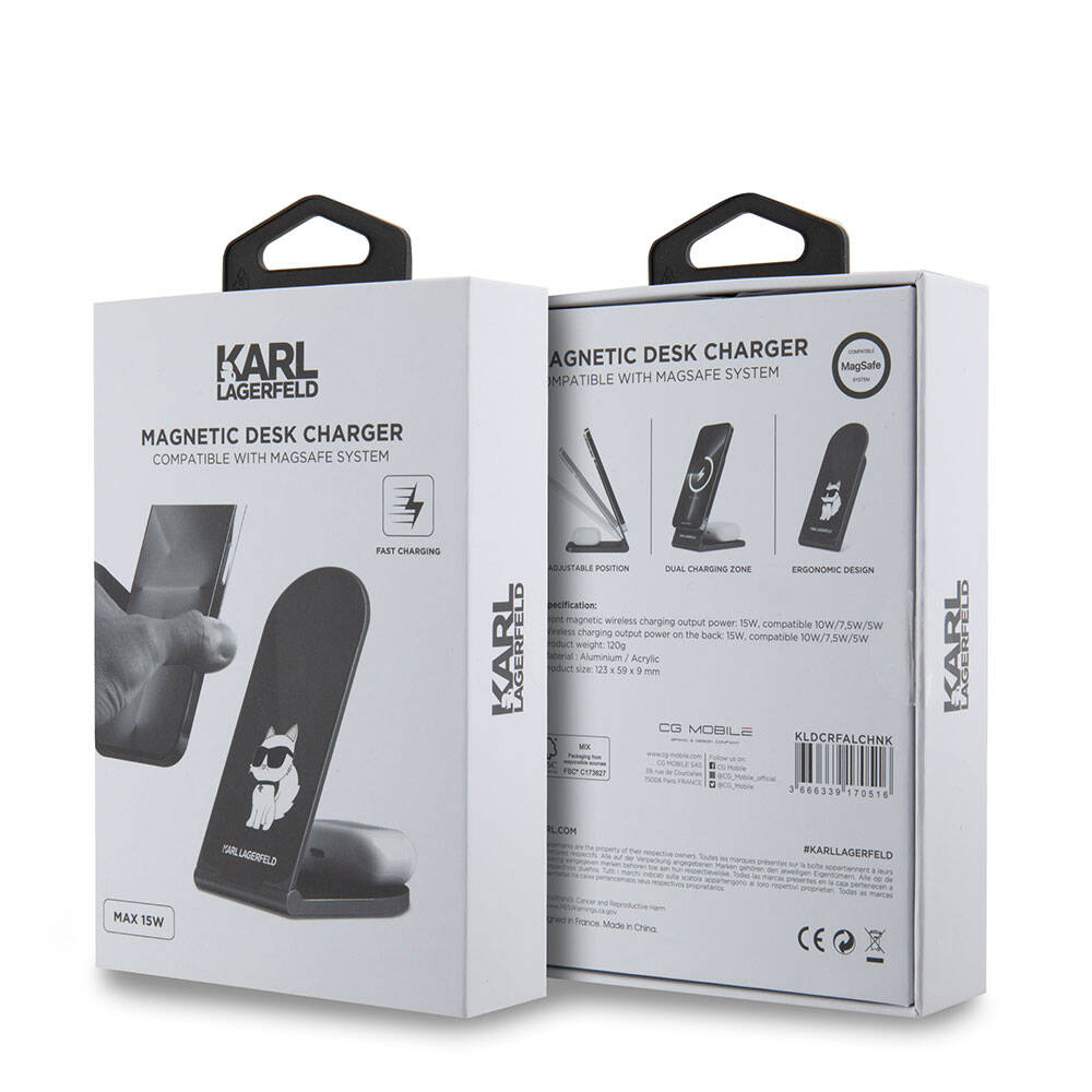 Karl Lagerfeld Orjinal Lisanslı Katlanabilir Baskılı İkonik Choupette Logolu Magnetik Kablosuz Şarj Standı Siyah