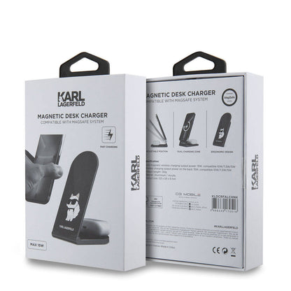 Karl Lagerfeld Orjinal Lisanslı Katlanabilir Baskılı İkonik Choupette Logolu Magnetik Kablosuz Şarj Standı Siyah