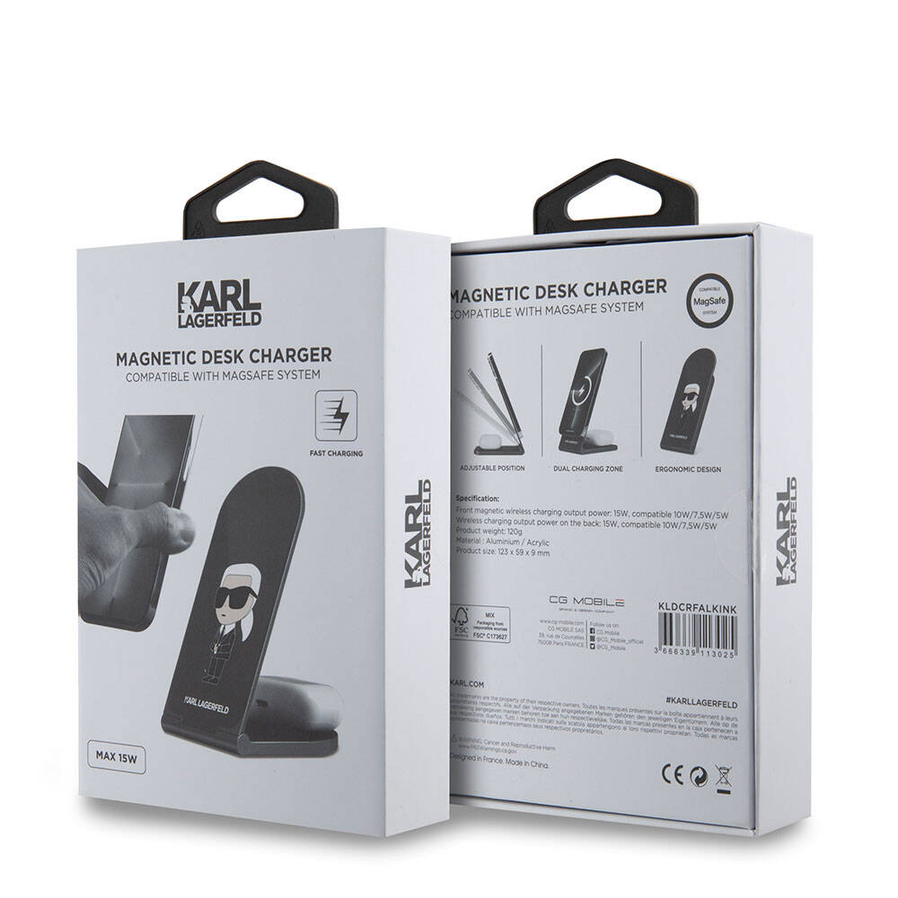 Karl Lagerfeld Orjinal Lisanslı Katlanabilir Baskılı İkonik Karl Logolu Magnetik Kablosuz Şarj Standı Siyah
