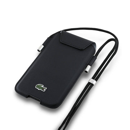 Lacoste Orjinal Lisanslı Çapraz Vücut Askılı PU Pike Desenli 6.7 inç'e Kadar Universal Kılıf Siyah
