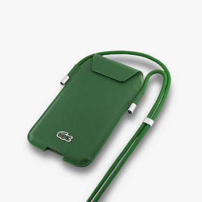 Lacoste Orjinal Lisanslı Çapraz Vücut Askılı PU Pike Desenli 6.7 inç'e Kadar Universal Kılıf Yeşil