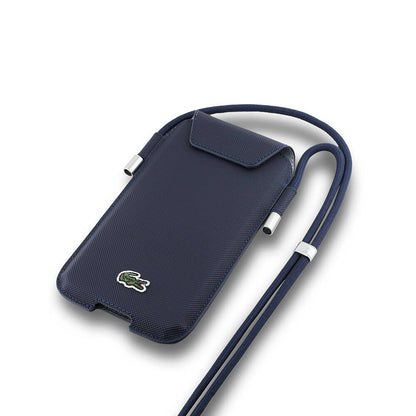 Lacoste Orjinal Lisanslı Çapraz Vücut Askılı PU Pike Desenli 6.7 inç'e Kadar Universal Kılıf Lacivert