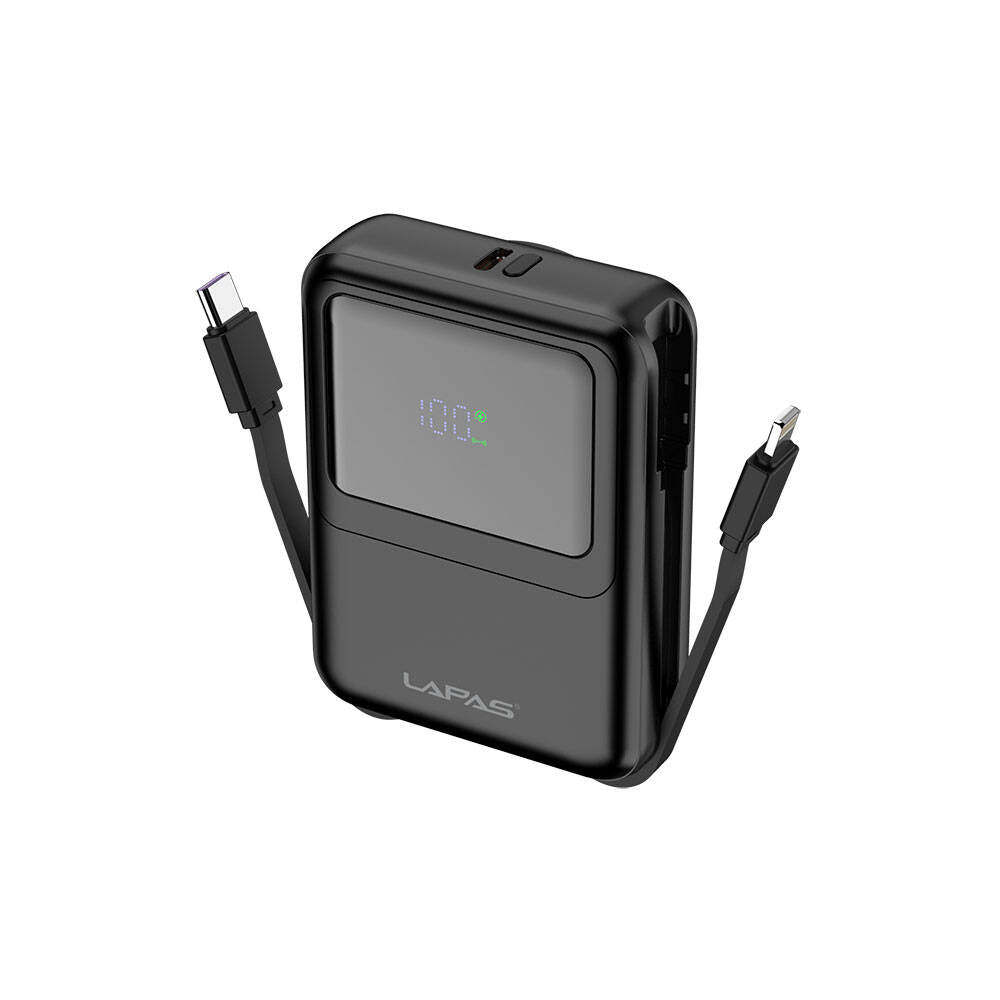 Lapas LP-PW002 Dijital LED Göstergeli Type-C & Lightning Kablosuz Taşınabilir Powerbank 10.000mAh Siyah