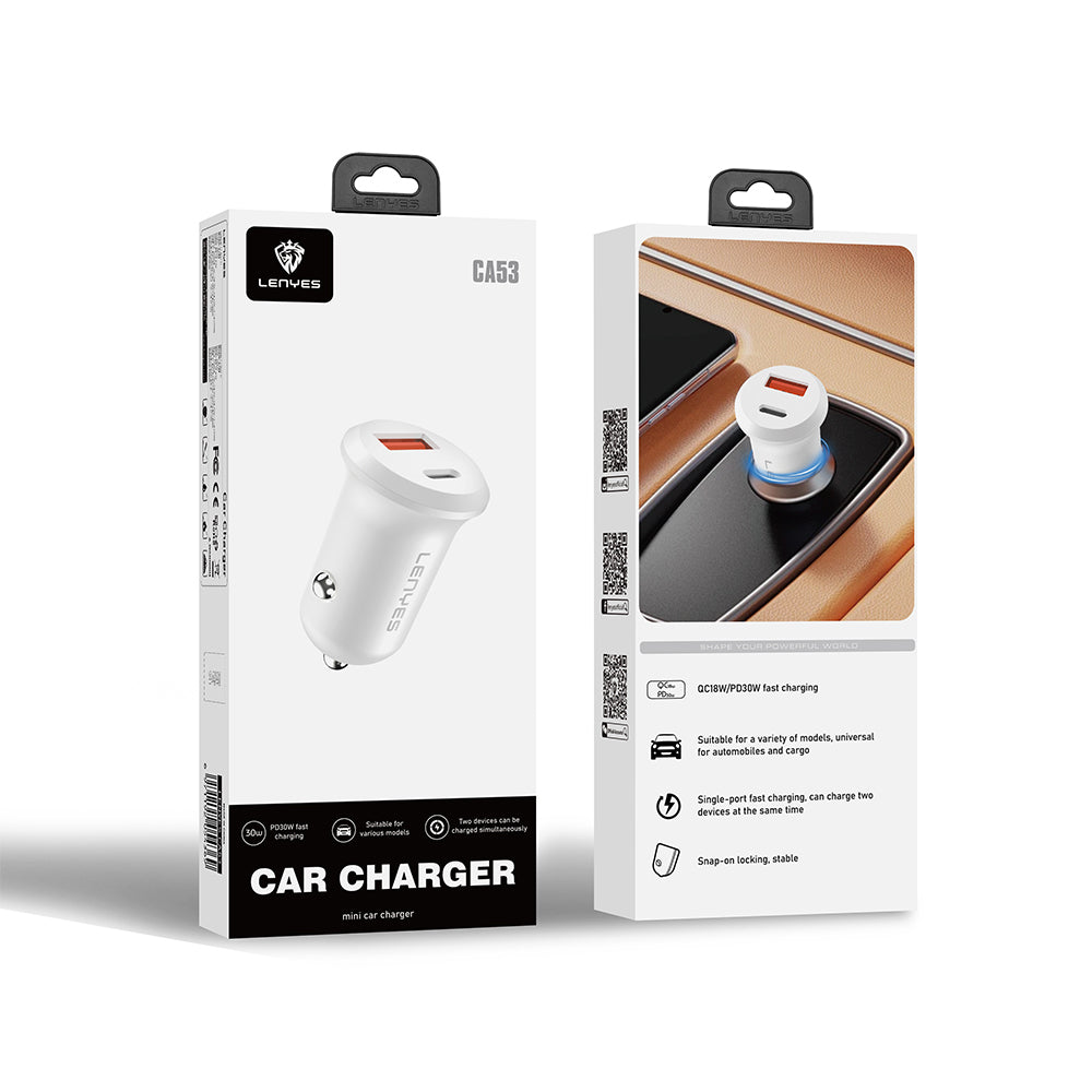 Lenyes CA53 Hızlı Şarj Özellikli Dual Type-C + USB-A Portlu Mini Araç Şarj Aleti 30W Beyaz