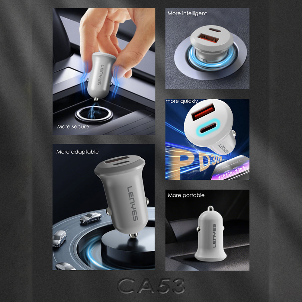 Lenyes CA53 Hızlı Şarj Özellikli Dual Type-C + USB-A Portlu Mini Araç Şarj Aleti 30W Beyaz