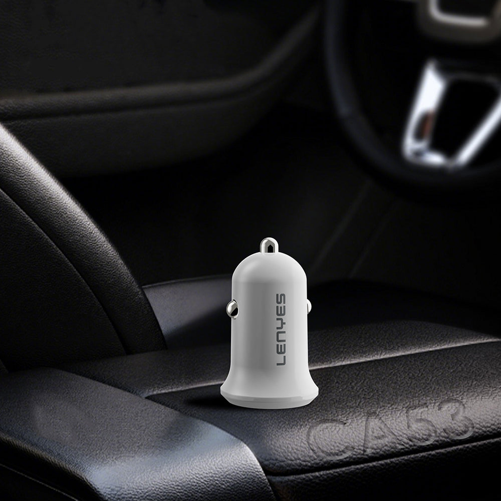 Lenyes CA53 Hızlı Şarj Özellikli Dual Type-C + USB-A Portlu Mini Araç Şarj Aleti 30W Beyaz