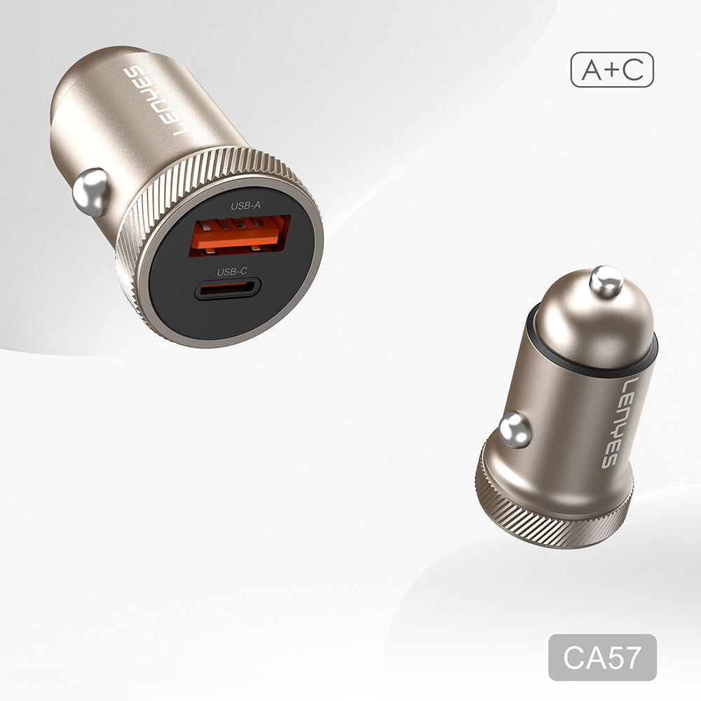 Lenyes CA57 Hızlı Şarj Özellikli Dual Type-C + USB-A Portlu Mini Araç Şarj Aleti 30W Kahverengi
