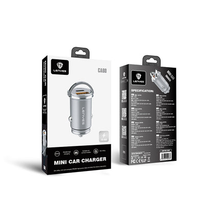 Lenyes CA60 Hızlı Şarj Özellikli Dual Type-C + USB-A Portlu Mini Araç Şarj Aleti PD 45W Gümüş