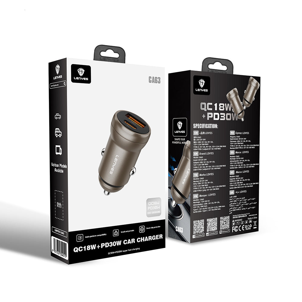 Lenyes CA63 Hızlı Şarj Özellikli Dual USB-A + Type-C Portlu PD Araç Şarj Aleti 30W Gold