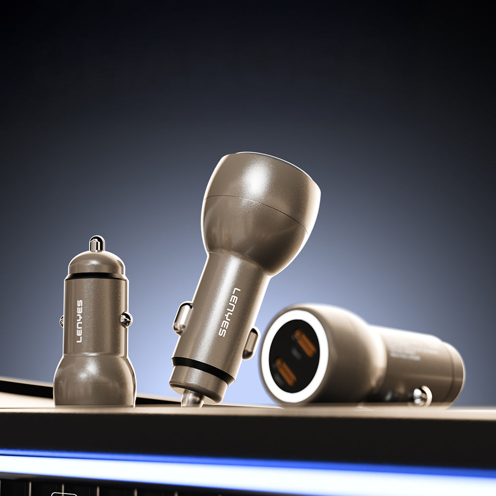 Lenyes CA64 Hızlı Şarj Özellikli Dual USB-A + Type-C Portlu PD Araç Şarj Aleti 30W Gold