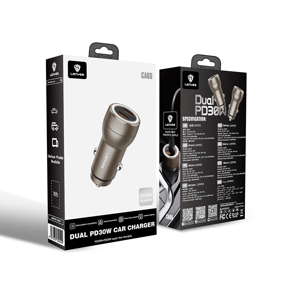 Lenyes CA65 Hızlı Şarj Özellikli Dual Type-C + Type-C Portlu PD Araç Şarj Aleti 60W Gold