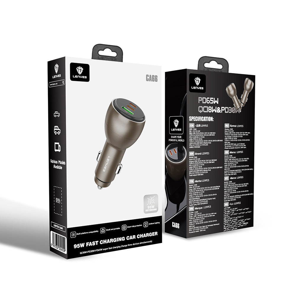Lenyes CA66 Hızlı Şarj Özellikli Dual Type-C + Type-C + USB-A Portlu PD Araç Şarj Aleti 95W Gold