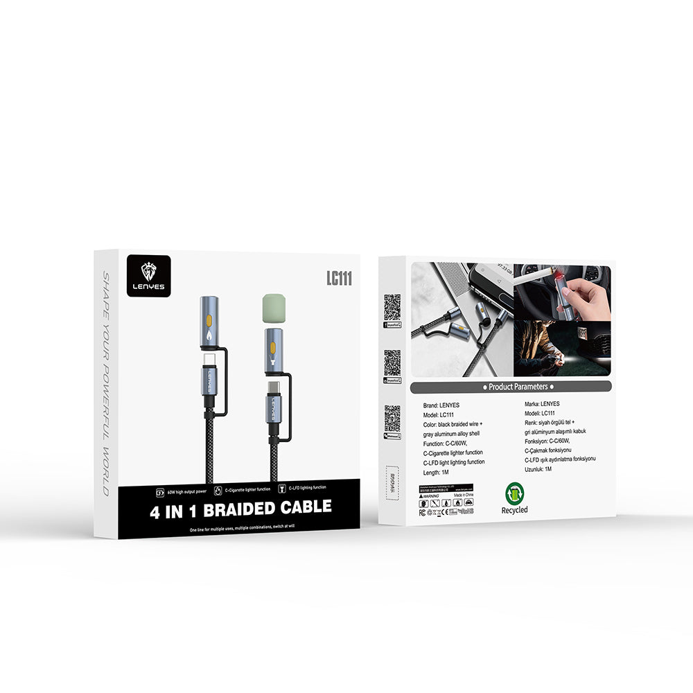 Lenyes LC111 Çoklu Şarj Kablolu Fener Ve Çakmaklık Özellikli 4in1 Kablo 60W 1M Gri