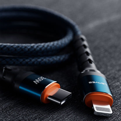 Lenyes LC515 Type-C to Lightning Hızlı Şarj Özellikli Örgülü Data ve Şarj Kablosu 30W 1M Mavi