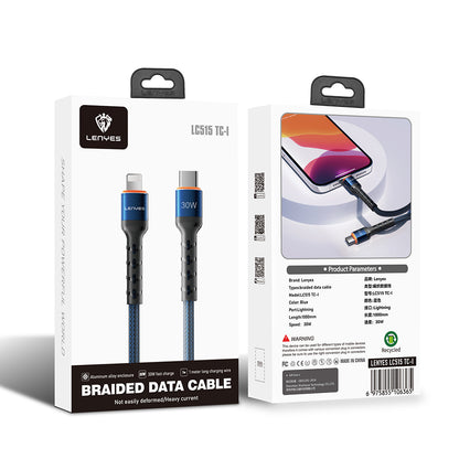 Lenyes LC515 Type-C to Lightning Hızlı Şarj Özellikli Örgülü Data ve Şarj Kablosu 30W 1M Mavi