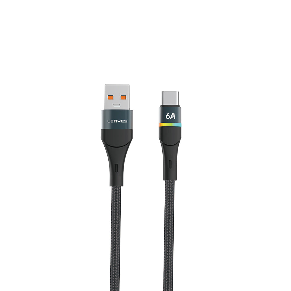 Lenyes LC520 USB-A to Type-C 6A Örgü Tasarımlı Hızlı Şarj Özellikli Data ve Şarj Kablosu 66W 1M Siyah