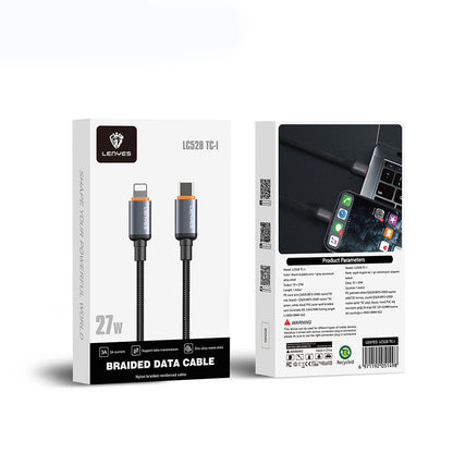 Lenyes LC528 Type-C to Lightning Hızlı Şarj Özellikli Örgülü Data ve Şarj Kablosu 27W 1M Siyah