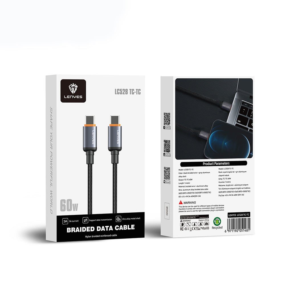 Lenyes LC528 Type-C to Type-C Hızlı Şarj Özellikli Örgülü Data ve Şarj Kablosu 60W 1M Siyah