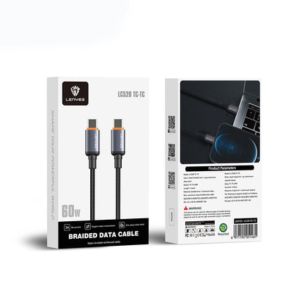 Lenyes LC528 Type-C to Type-C Hızlı Şarj Özellikli Örgülü Data ve Şarj Kablosu 60W 1M Siyah