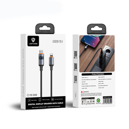 Lenyes LC529 Type-C to Lightning LED Dijital Göstergeli Hızlı Şarj Özellikli Data ve Şarj Kablosu 30W 1M Siyah