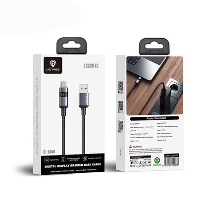 Lenyes LC529 USB-A to Type-C LED Dijital Göstergeli Hızlı Şarj Özellikli Data ve Şarj Kablosu 66W 1M Siyah