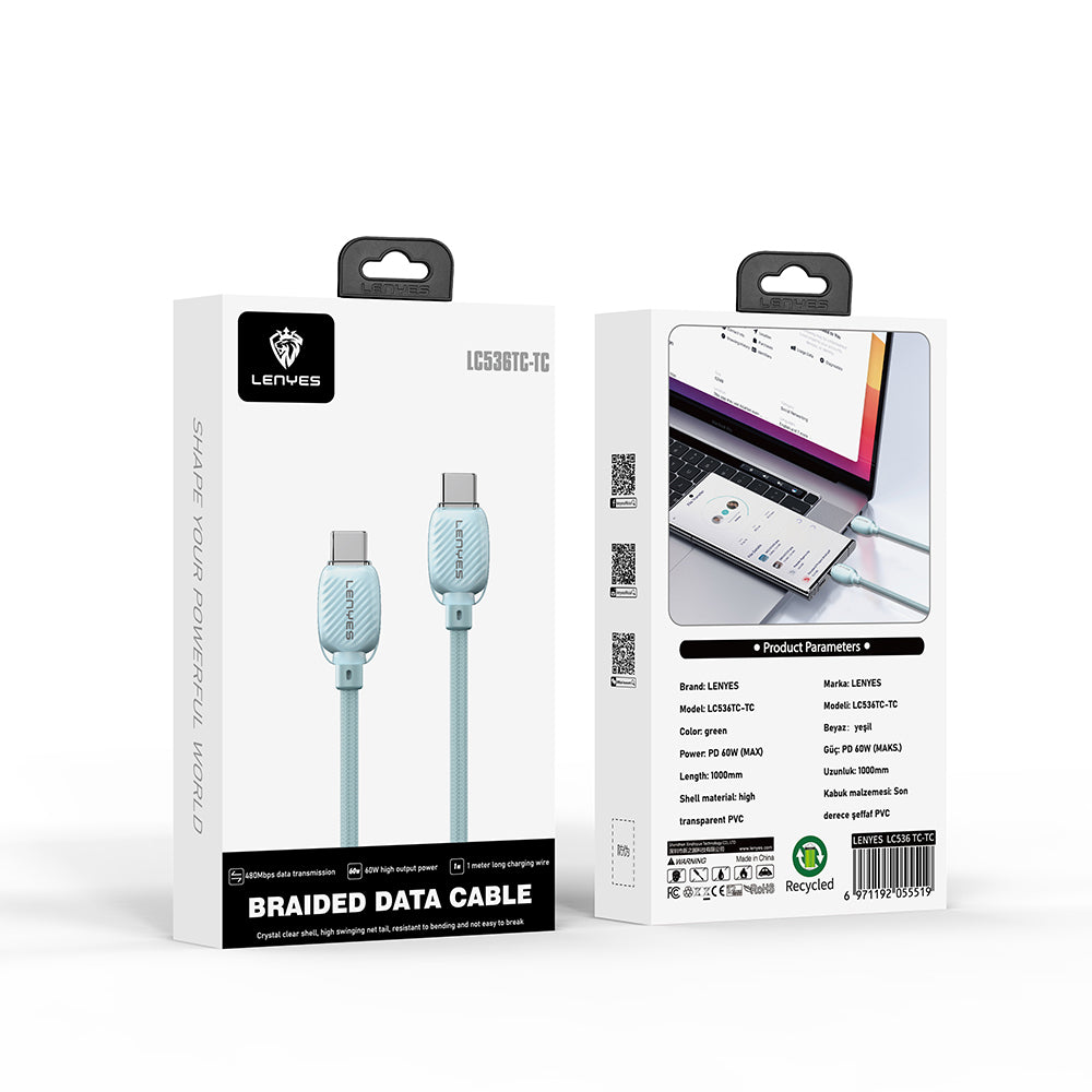 Lenyes LC536 Type-C to Type-C PD Örgü Tasarımlı Hızlı Şarj Özellikli Data ve Şarj Kablosu 60W 1M Beyaz
