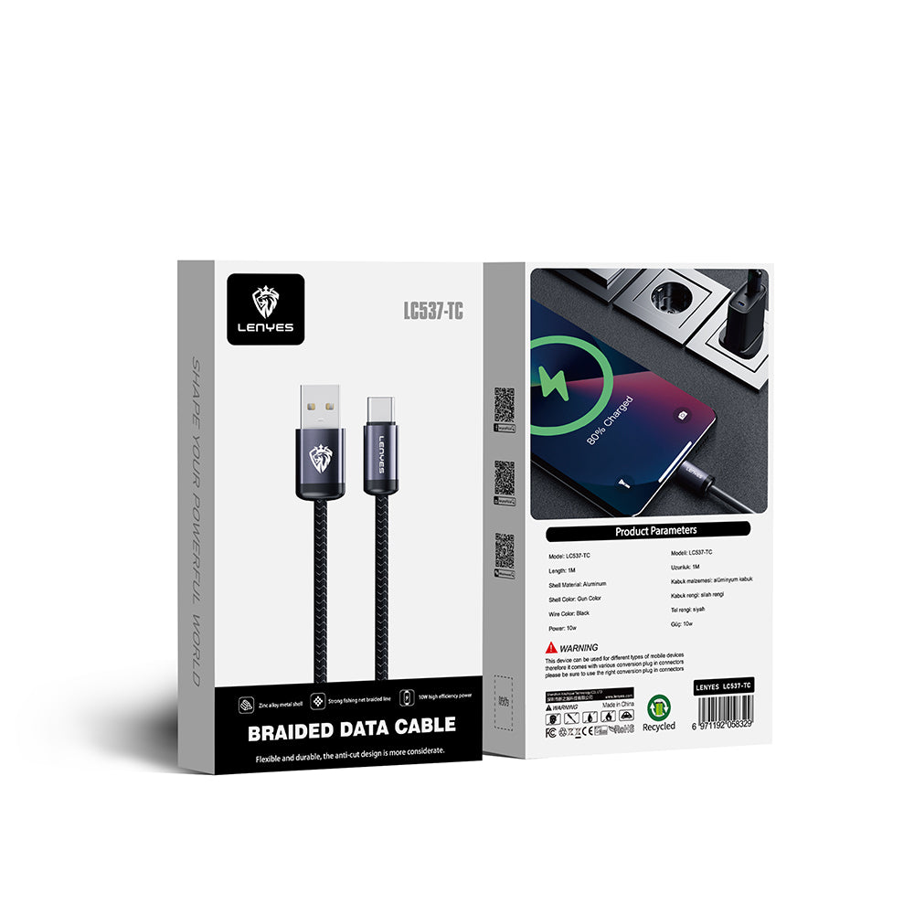 Lenyes LC537 USB-A to Type-C Örgü Tasarımlı Hızlı Şarj Özellikli Data ve Şarj Kablosu 10W 1M Siyah