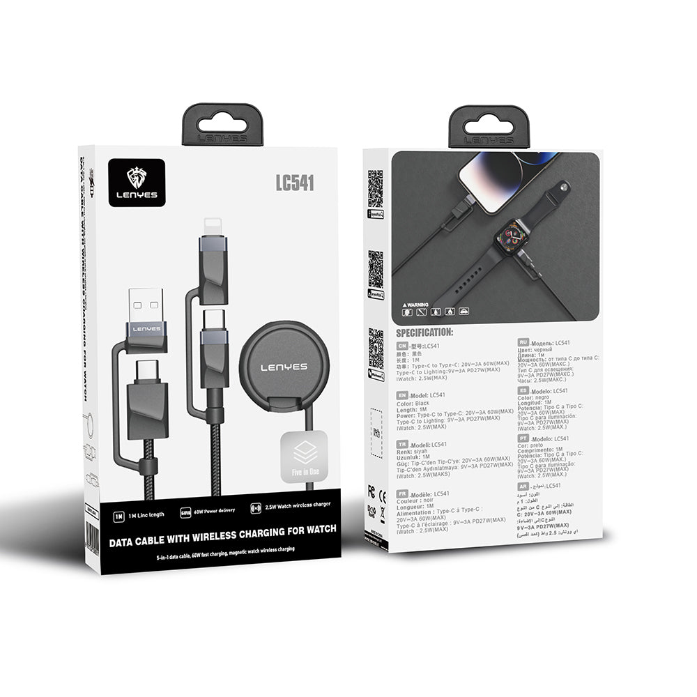 Lenyes LC541 USB-A + Type-C to Lightning – Type-C – Akıllı Saat Şarj Kablosu 60W 1M Siyah