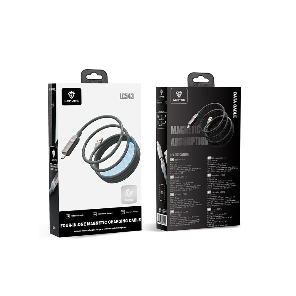 Lenyes LC543 4in1 Hızlı Şarj Özellikli USB-A - Type-C + Type-C to Lightning Data ve Şarj Kablosu 240W 1M Gri