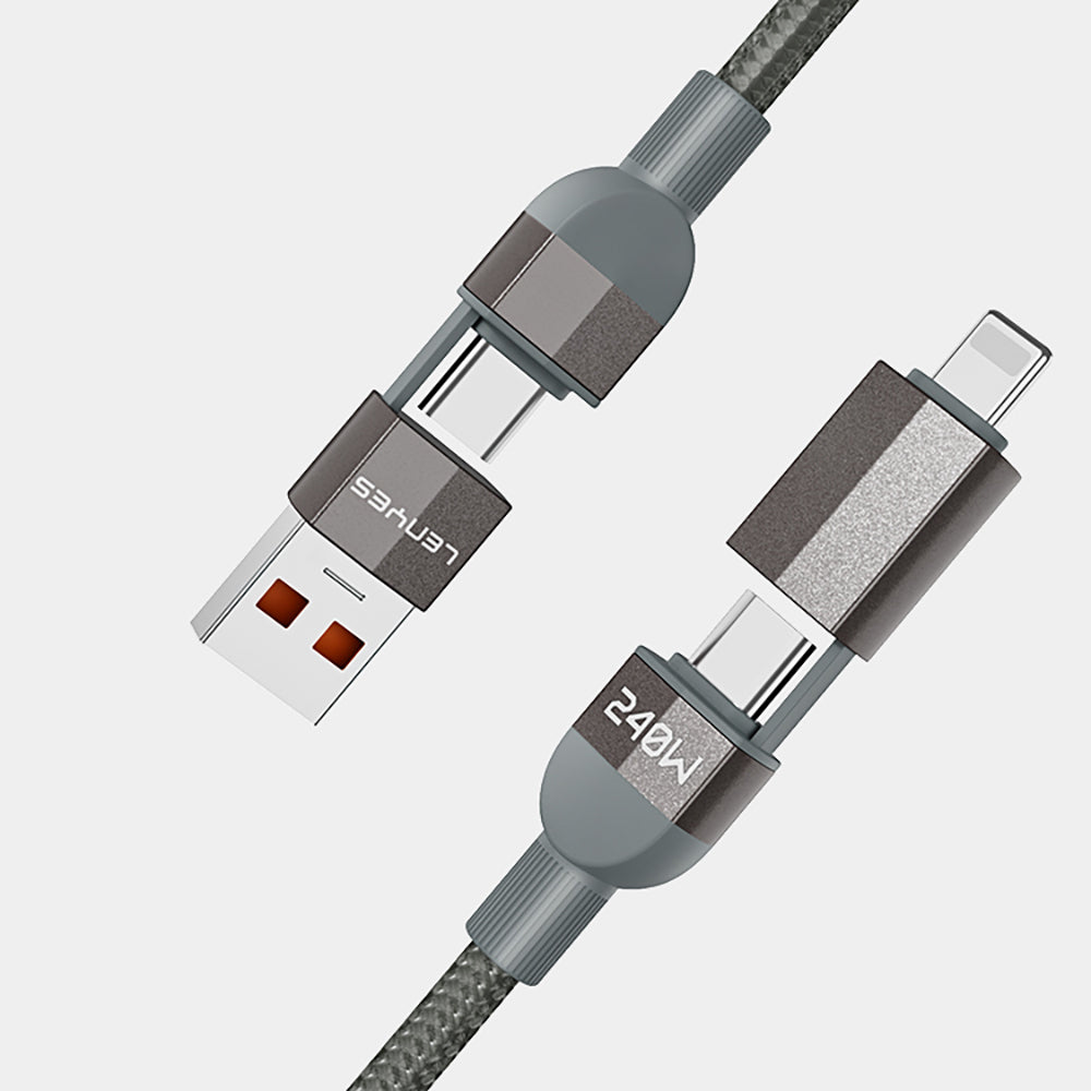 Lenyes LC543 4in1 Hızlı Şarj Özellikli USB-A - Type-C + Type-C to Lightning Data ve Şarj Kablosu 240W 1M Gri