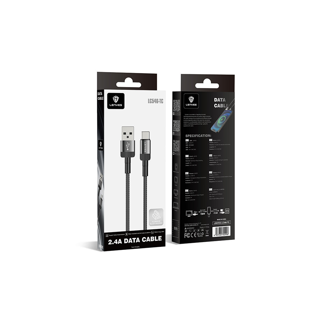 Lenyes LC546 USB-A to Type-C Örgü Tasarımlı Hızlı Şarj Özellikli Data ve Şarj Kablosu 12W 1M Siyah