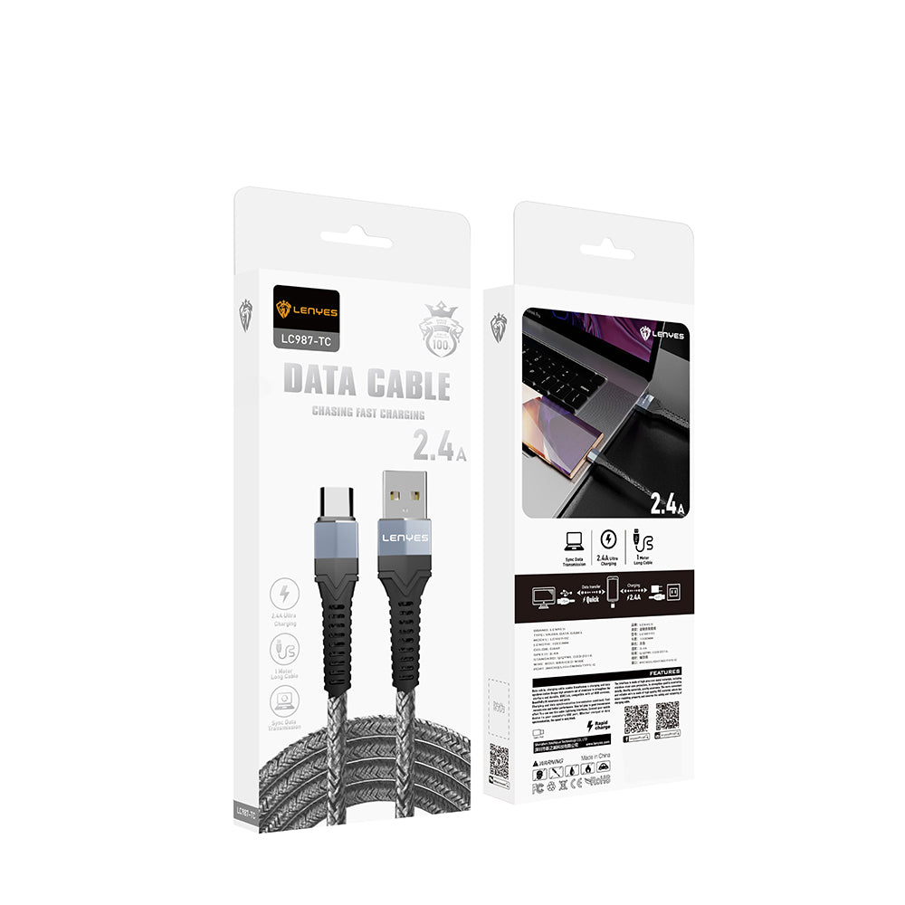 Lenyes LC987 USB-A to Type-C Hızlı Şarj Özellikli Örgülü Data ve Şarj Kablosu 1M 2.4A Siyah