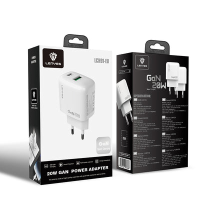 Lenyes LCH91 Type-C ve USB GaN Teknolojili PD Hızlı Şarj Özellikli Şarj Başlığı 20W Beyaz