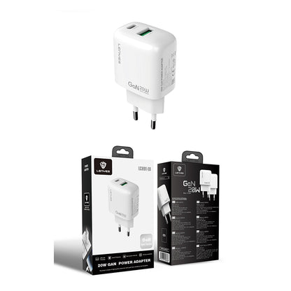 Lenyes LCH91 Type-C ve USB GaN Teknolojili PD Hızlı Şarj Özellikli Şarj Başlığı 20W Beyaz