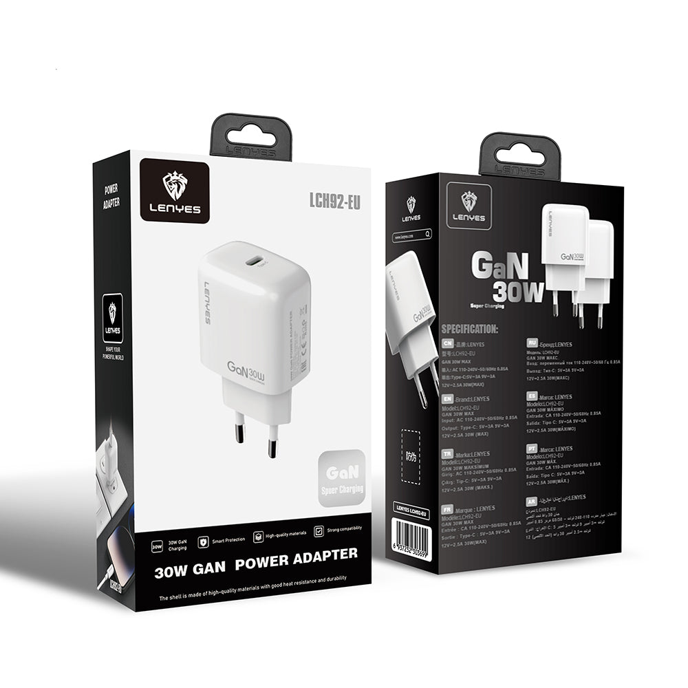 Lenyes LCH92 Type-C GaN Teknolojili PD Hızlı Şarj Özellikli Şarj Başlığı 30W Beyaz